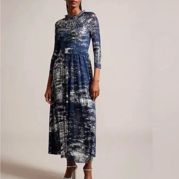 Ted Baker Iggiey Metallic Burnout Midi Dress in Navy NWT Size 0 - Picture 2 of 3